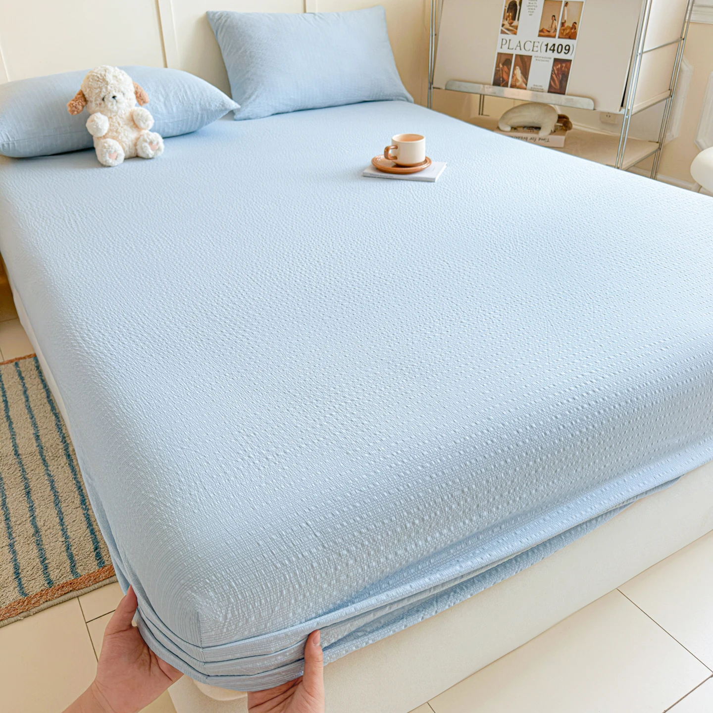 Textured Breathable Fitted Sheet, Soft Cooling Crinkle Bed Fitted Mattress Cover, Non-Slip Elastic Bed Sheet