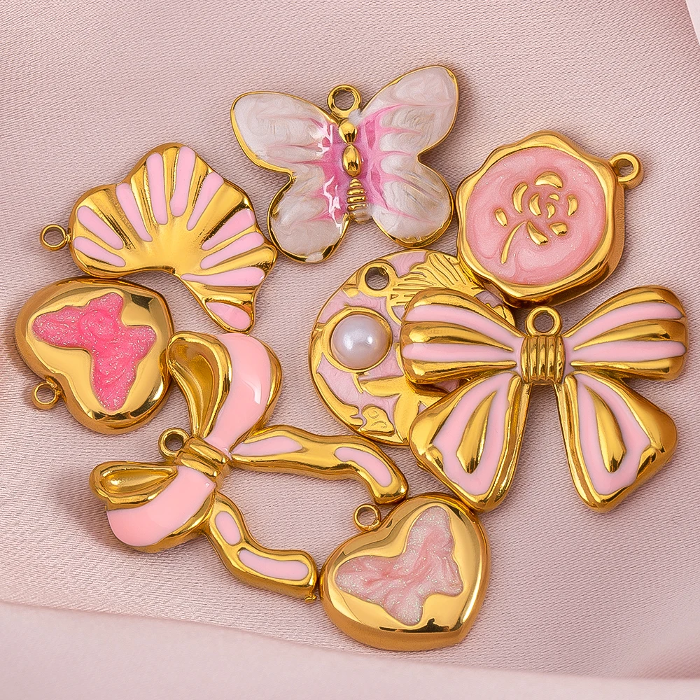 2pcs Gentle Pink Enamel Stainless Steel Charms Rose Flower Starfish Butterfly Necklace Pendant Women DIY Earring Jewelry Making