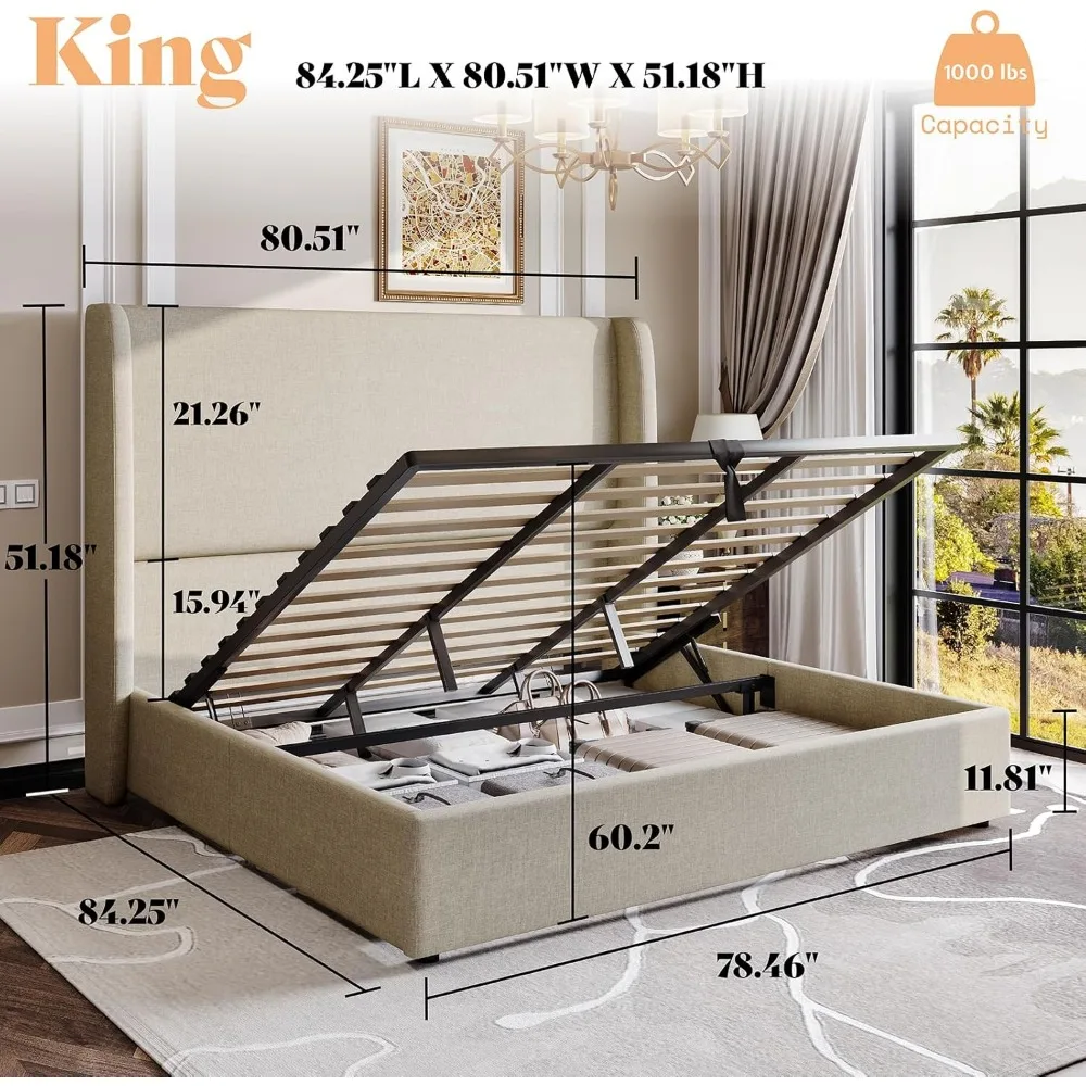 Lift Up Storage Bed King Size Linen Upholstered Platform Beds Frame, Wingback Headboard, No Box Spring Needed, King Bed Frame