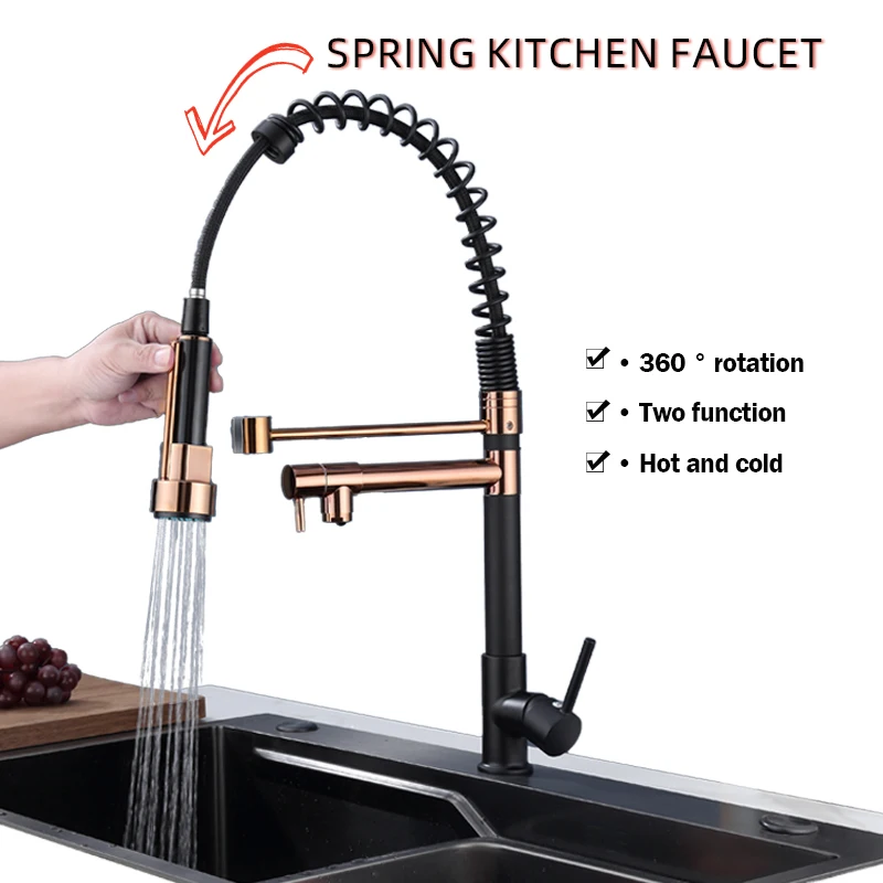 1pc Multi functional Black rose gold double outlet with pull-out spray spring faucet household cold and hot  single hand