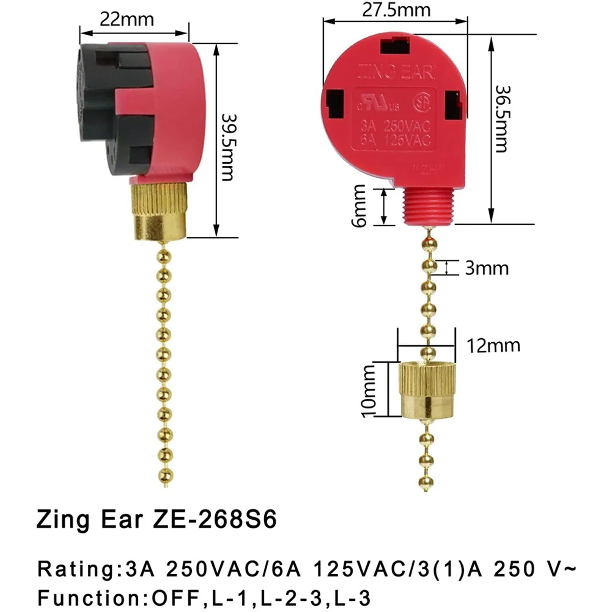 3PC Ceiling Fan Switch 3 Speed 4 Wire Zing Ear ZE-268S6 Fan Pull Chain Switch Replacement Speed Control Switch Copper