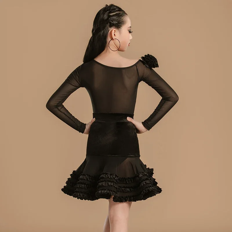 Latin Dance Kleidung Mädchen Schwarz Wettbewerb Kleid Kinder Lange Ärmel Cha Cha Dance Performance Tragen Praxis Kleid Sets