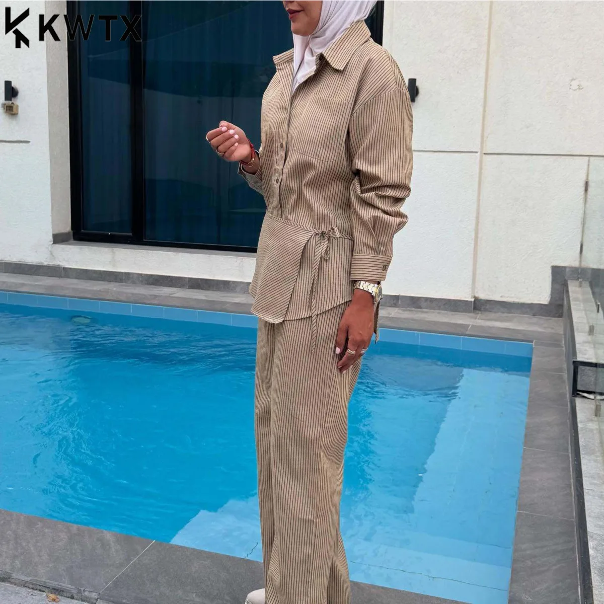 

KWTX 2025 г., женская винтажная роскошная элегантная рубашка из 3 предметов, полосатая рубашка с цветными блоками, широкие брюки на шнуровке, высокое качество, весна-осень
