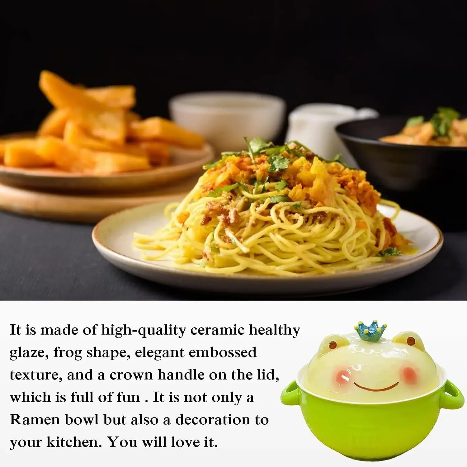 Ceramic Ramen Soup Bowl with Lid and Handle, Instant Noodle Bowl, Cute Frog Bowl for Home Student Dormitory, 1 PC, 700 ML-Cute