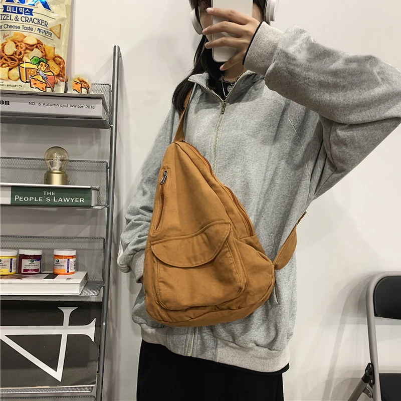 2024 New Canvas Chest Bag Women Shoulder Messenger Bag Unisex Canvas Crossbody Bag Muliti Pocket Student Retro Casual Women Bag