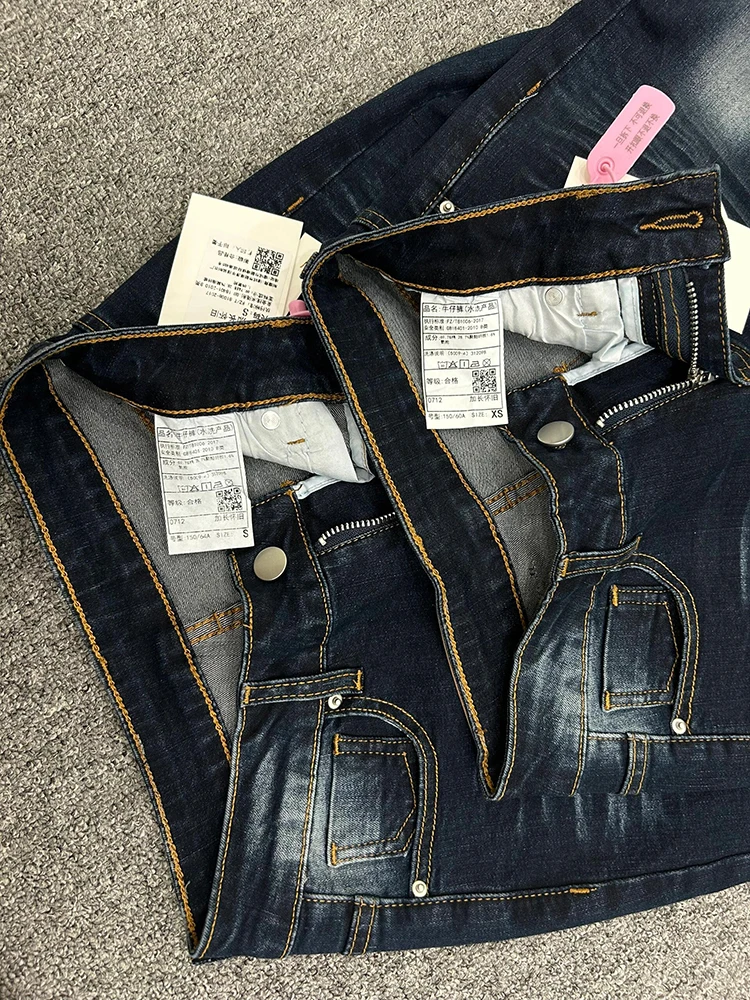 Retro azul cintura baixa queimado jeans feminino primavera 2025 fino ajuste bootcut calças compridas perna reta jeans cor profunda
