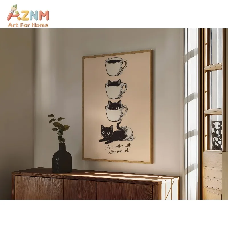 AZNM Life Is Better With Coffee And Cats Canvas Print Vintage Black Cat Coffee Cup Sketch Minimalist Neutral Wall Poster Unframe