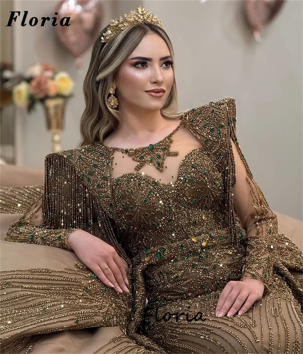 แอฟริกันสีน้ําตาล Cape แขนยาวชุดราตรีวันเกิดวินาทีแผนกต้อนรับชุดที่กําหนดเองลูกปัดพรหมชุดกระโปรง