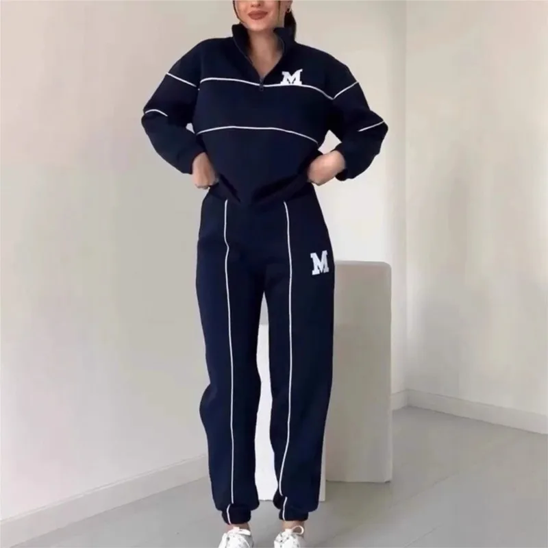 Autumn Winter New Fashion Letter Print Sweatshirt Set Casual Zipper Half Open Collar Long-sleeve Top + Sweatpants Two-piece Suit