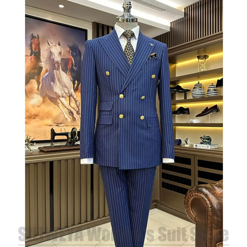 Men Striped Two Piece Suit Double Breasted Peak Lapel Slim Gold Buttons Outfit Wedding Business Formal Casual Party Wear