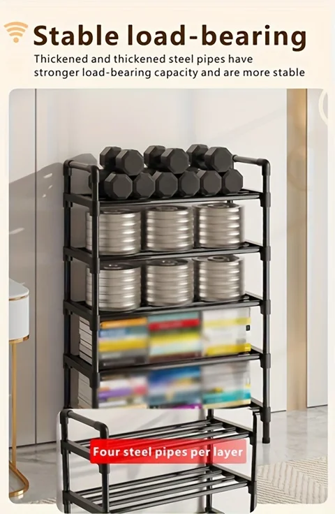 Mehrstöckiges Schuhregal aus Metall, stapelbarer Organizer, freistehend, schwarz, platzsparende Aufbewahrung für Schrank, Schlafzimmer, Innen- und Außenbereich – Detail 11