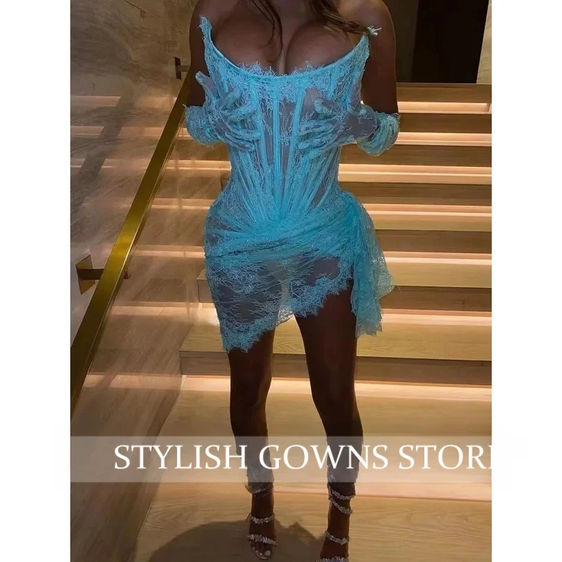 

Sexy Sky Blue Short Prom Dresses Two Gloves Lace Birthday Cocktail Party Gowns Homecoming Robe De Bal Lace-Up Back Customized