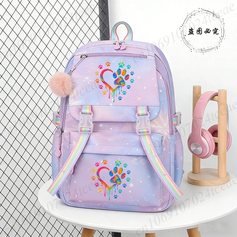 

New Fashion College Students Backpack Trendy Women Laptop School Bags Colorful Paw Heart Design Bagpack Girl Teenager Book Bag