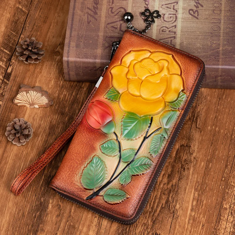 Rose embossed ladies' wallet, long zipper, large capacity, mobile phone storage, multi-functional hand-held wallet