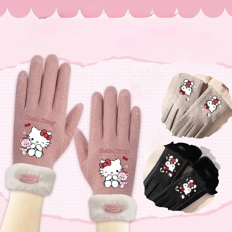 Hello Kitty Cute Cartoon Cold Prevention Warm Daily Use Touchable Screen Full Fingered Mittens Autumn Winter Anti-pilling Gloves