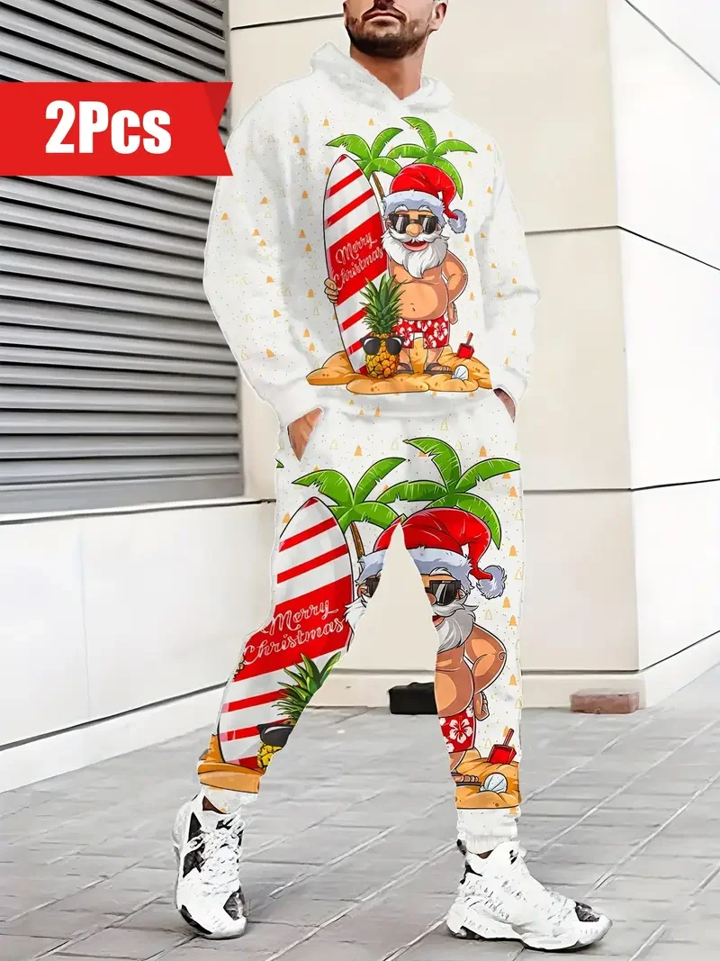 New Year Christmas Men\'s Anime Hoodie+Pant Suit Santa Claus 3D Printed Party Street Wear Women Kids Fun Festive Tracksuit