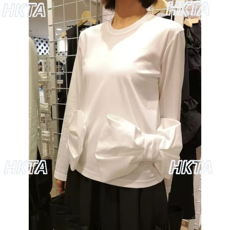 Original Japanese Design Bow Waist White Long-sleeved T-shirt Top Women Autumn Niche Temperament Slimming Black Bottoming Shirt