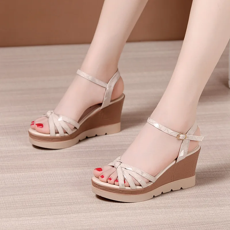 High quality wedge sandals for women 8cm high heel new 2024 summer size 32 33 42 43 platform open toe elegant shoe black beige