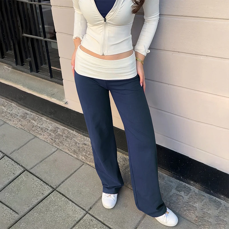 OMSJ Comfort Yoga Out Door Contrasterende broek Elastische taille Vrije tijd Rechte broek Bodems Mode Retro Vrouwelijke streetwear