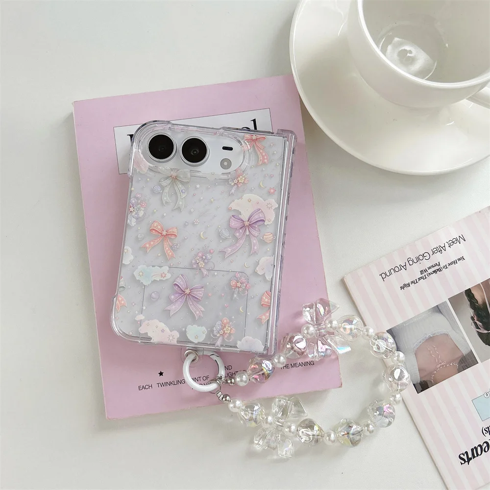 Kawaii Floral Bow Cloud Pattern Case For iPhone Duo Removable Sparkly Bead Chain Clear Hard Shell Shockproof Protective Cover