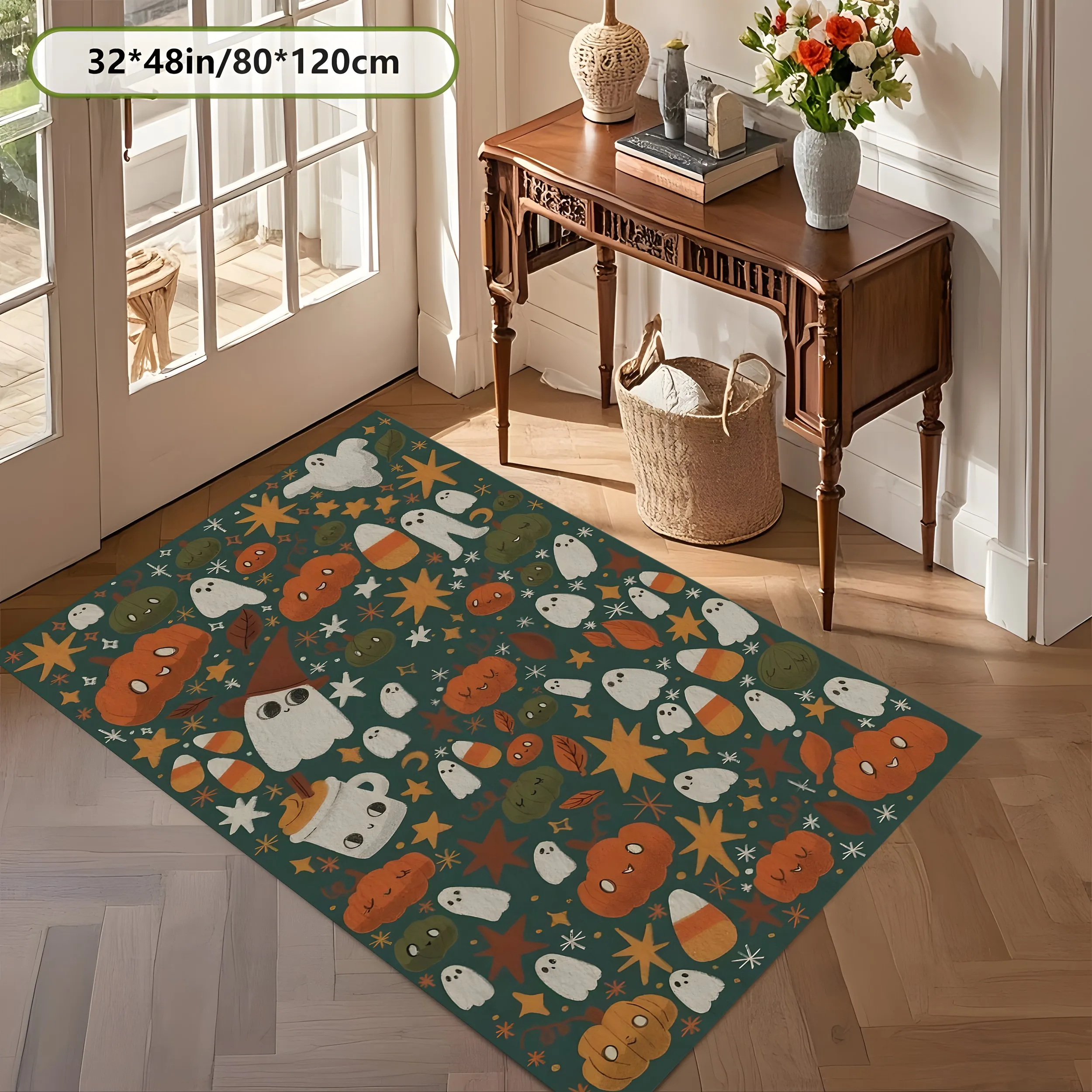 Pumpkin Ghost Star All-Over Print 2D Area Rug in Retro Cute Style for Home, Halloween Party Decor