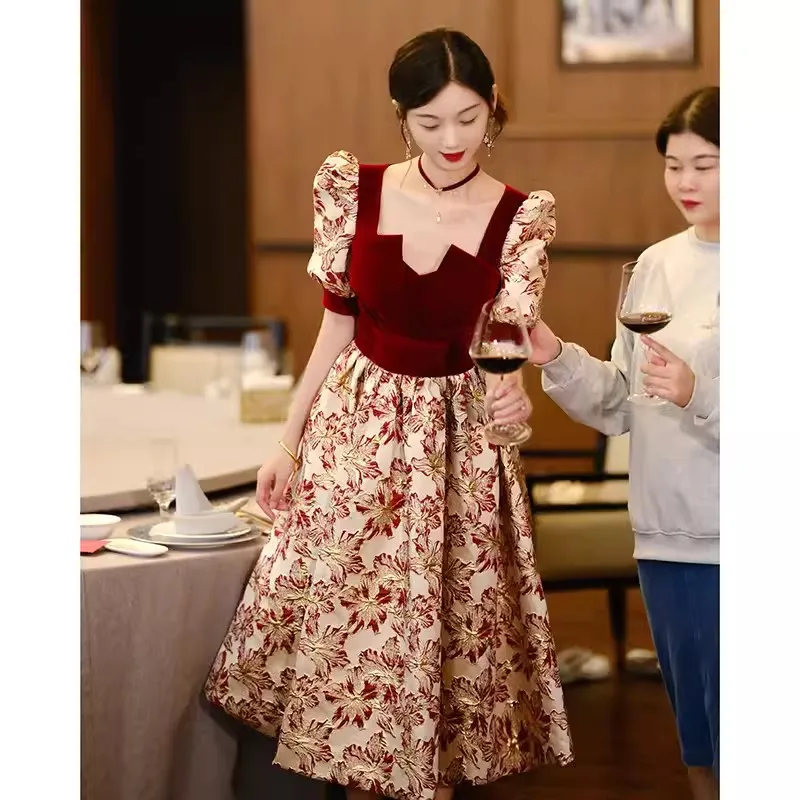 

Yourqipao Chinese Wedding Toast Dress Women Engagement Evening Dresses A-line Middle Length Cheongsam New Year Prom Gowns