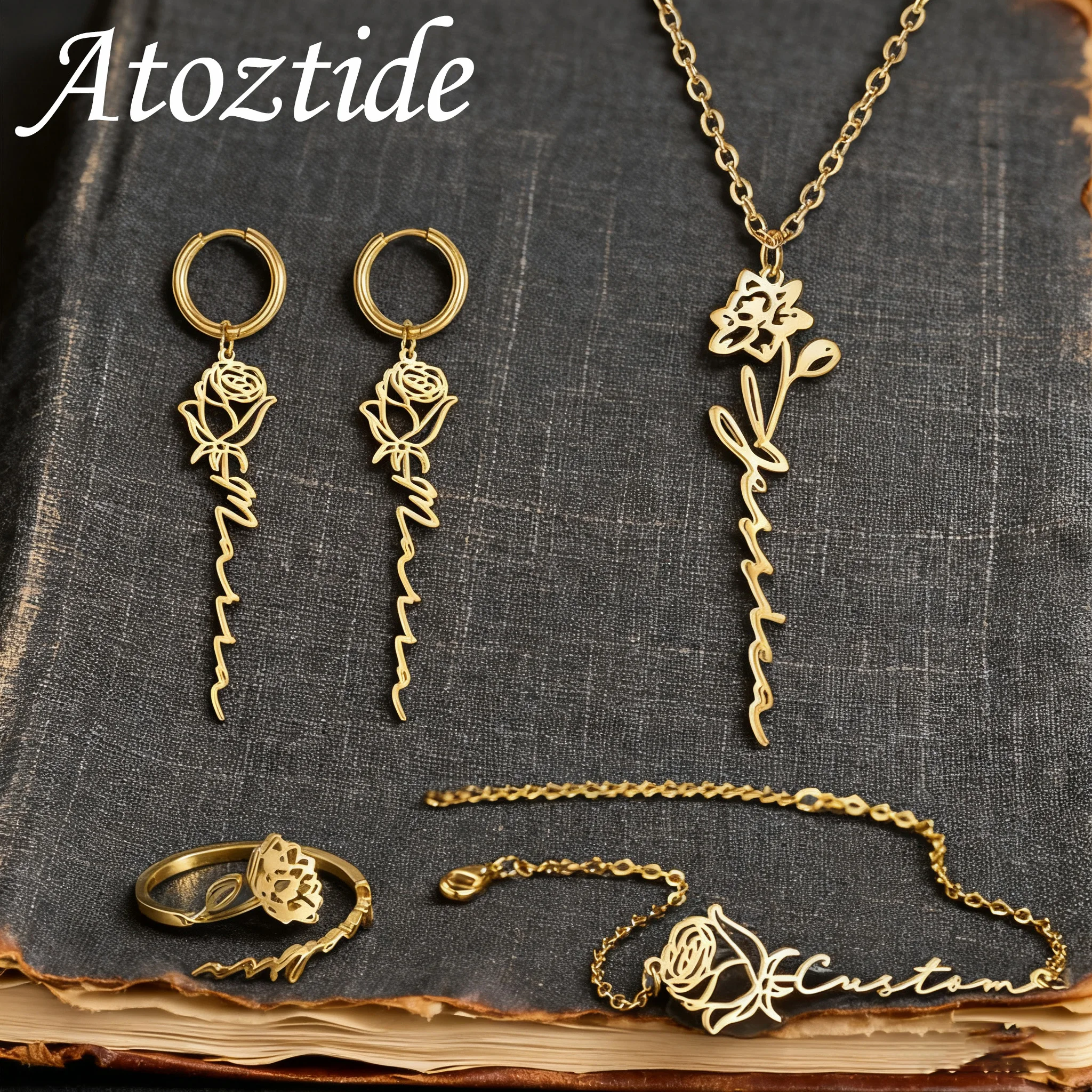 

Atoztide Custom Month Flower Necklace Bracelet Earring Ring Jewelry Set Stainless Steel For Women Personalized Birthday Gift