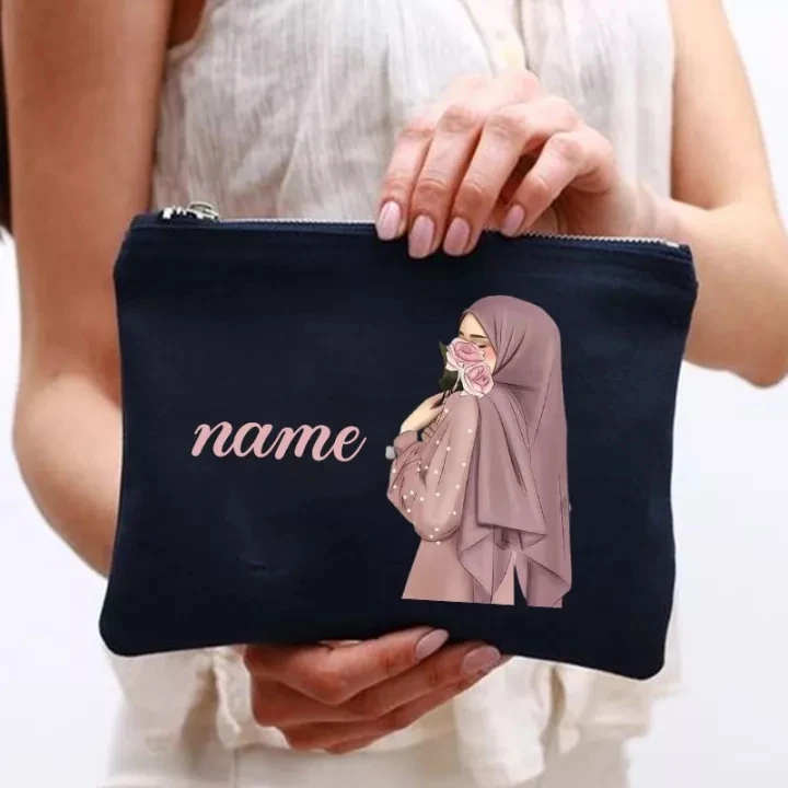 Personalised Hijabi Girl Makeup Bag Travel Organizer Pouch Muslim Girls Gifts Custom Name Zipper Pouches Cosmetic Bags Eid Gifts