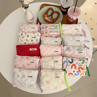 Cartoon Flower Square Cosmetic Bag Women Portable Earphones Lipstick Sanitary Napkins Storage Pouch Small Makeup Zipper Bags