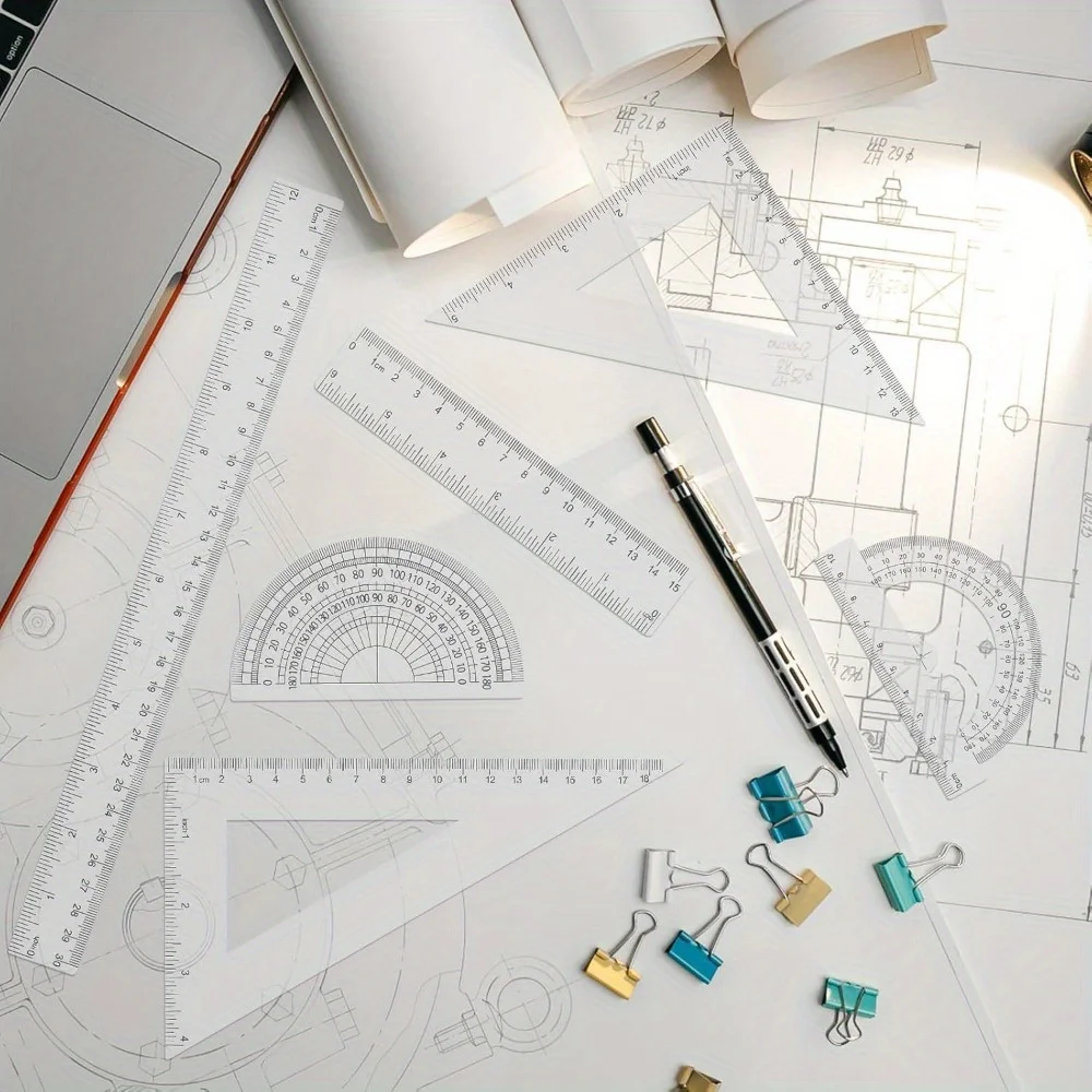 6-Piece Geometry Tools – Clear Plastic, Dual Measurements, Rulers, Protractor, Triangles