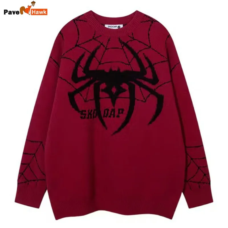 

Hop Hip Knitted Sweater Men Women Autumn Winter Spider Web Jacquard Sweaters Unisex Loose Y2K Gothic Retro High Street Jumpers