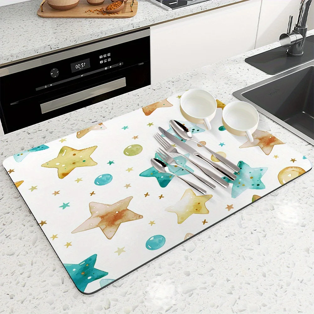 Watercolor Starfish Bubble Mat Soft Gradient Sea Element Print Tableware Drying Mat Fresh Nautical Style Kitchen Decor Mat
