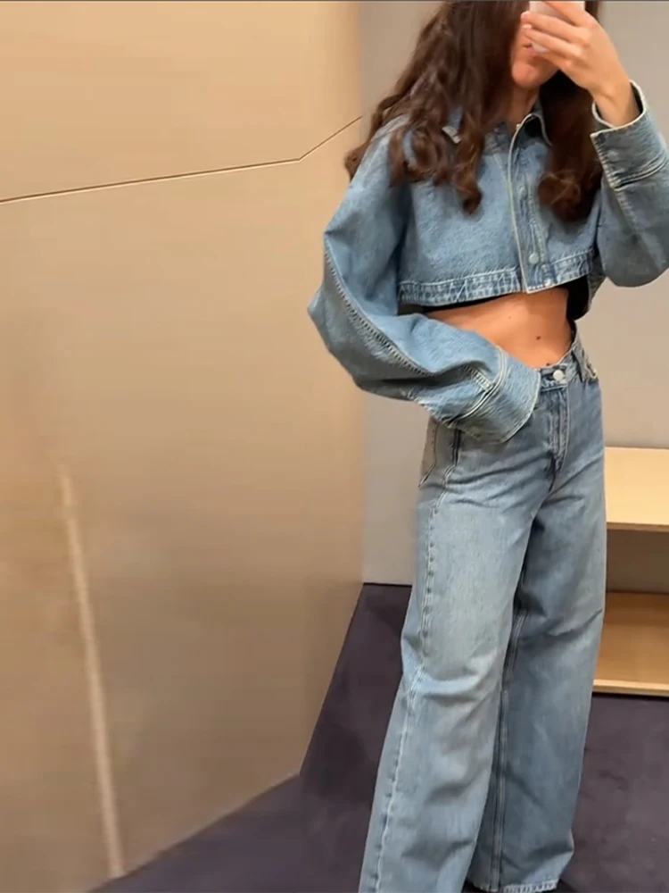 

Spring Vintage Women's Denim Suits Set Trendy Lapel Crop Jacket Matching High Waist Straight Leg Jeans Casual Streetwear Outfit