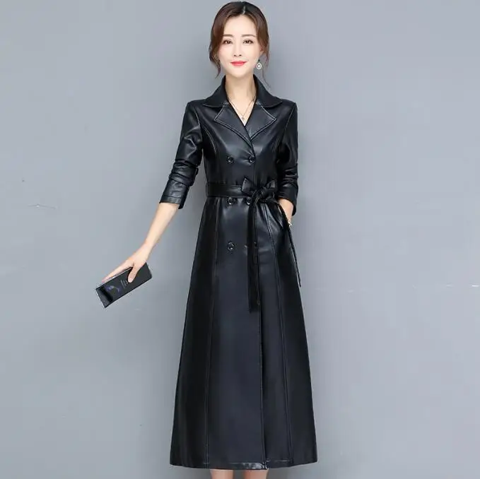 Frühling Herbst langer Mantel schwarzer Pu Leder Trenchcoat für Frauen Gürtel Zweireiher Casual Fashion Slim Jacke