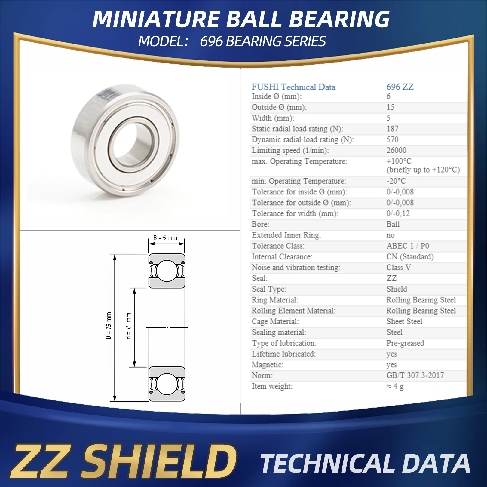 FUSHI 696 ZZ Bantalan 6X15X5 Mm 10 Buah 696ZZ RS 2RS Bantalan Handpiece Flange untuk Motor Industri Kuat Kecepatan Tinggi