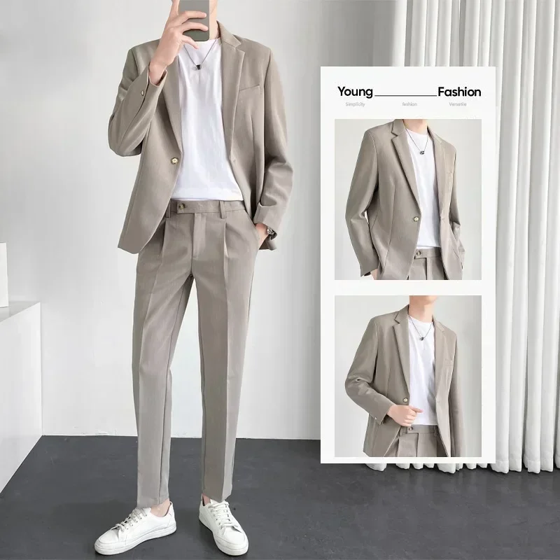 Solid Color Casual Men's Suits Korean Fashion Single Button Long Sleeves Blazer Formal Jackets Suit Pant Two Piece Set