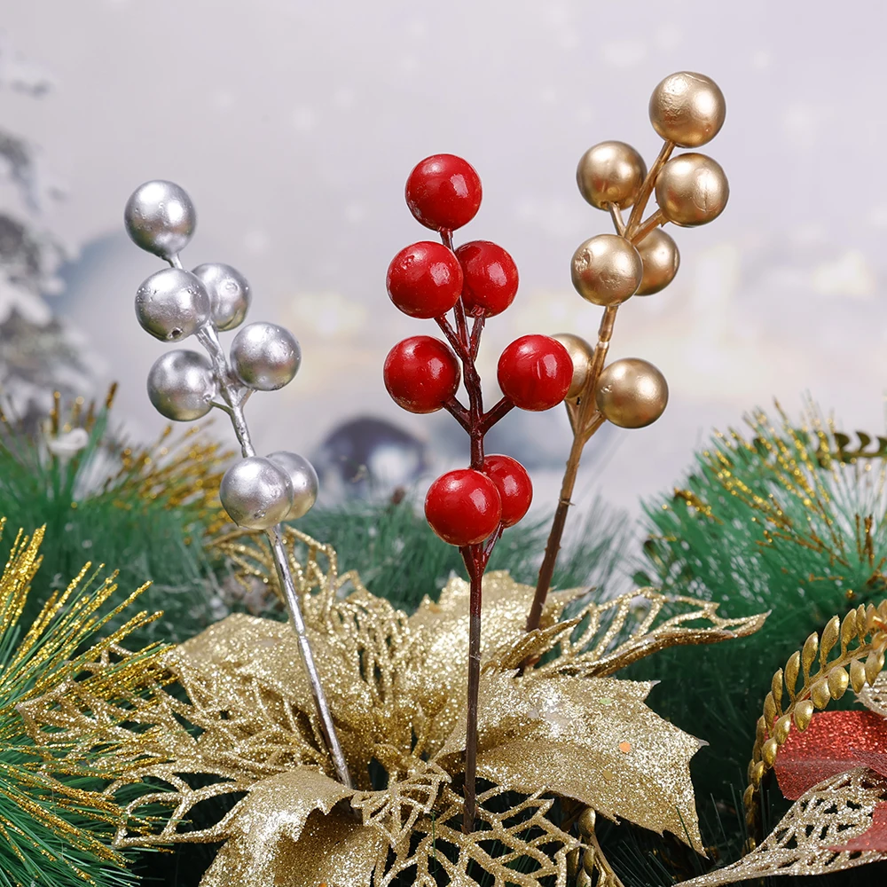 Artificial Red Gold Berry Branch Christmas Ornament 7 Head Holly Berries Stems DIY Crafts Wreath Wedding Party Xmas Tree Decor