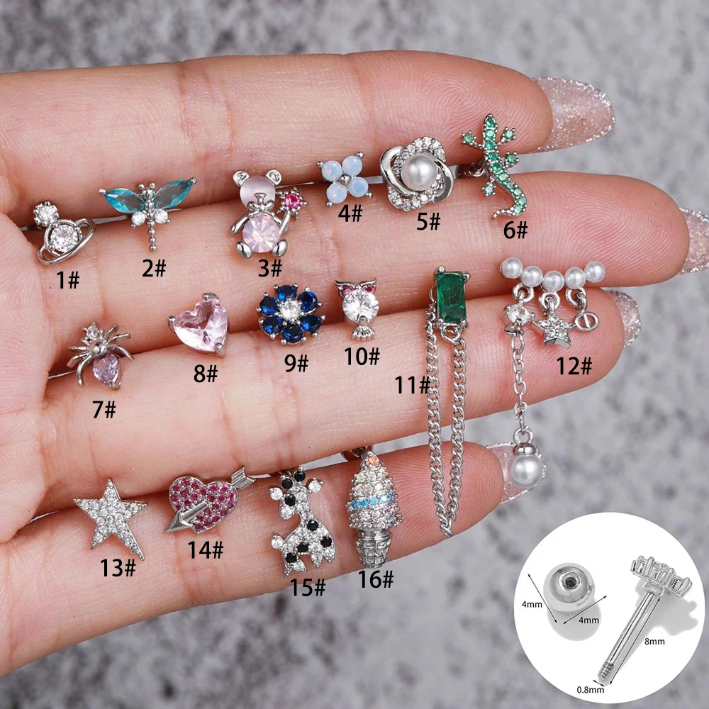 1pc Edelstahl Zirkon Ohr stecker Ohrringe niedlichen Tier Bär Gecko Helix Schraube Knorpel Piercing Ohrring Frau Schmuck