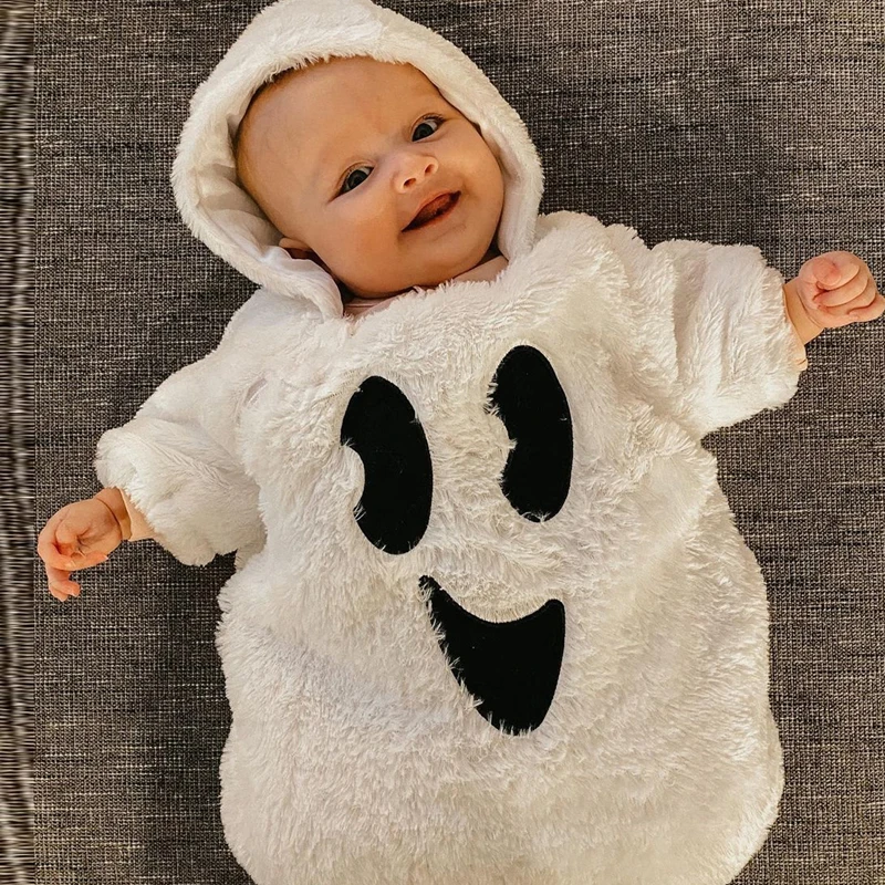 0-6M Infant Baby Fuzzy Plush Halloween Jumpsuit Zipper Footies Ghost Face Print Long Sleeve Hooded Rompers Toddler Clothes