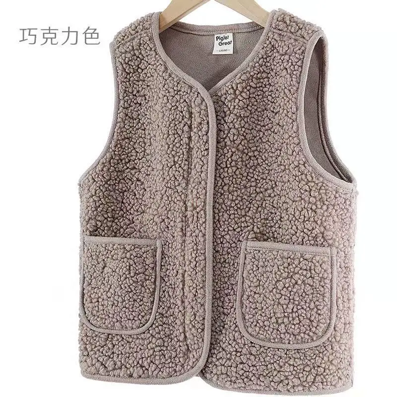 New Spring Autumn Winter Children V-Neck Vest Lamb Cashmere Boys Girls Vest Warm Clothes With Pockets Outfits