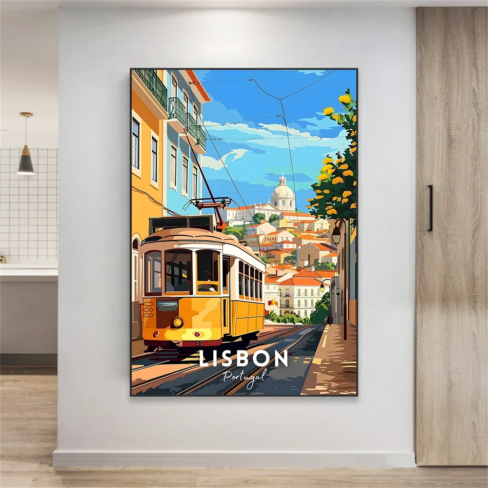لشبونة جدار الفن السفر طباعة الطبيعة المشهد البرتغال المشارك الملونة مدينة جدار الفن Elétricos de Lisboa قماش اللوحة ديكور