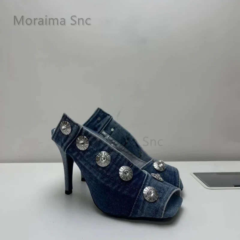 Square Toe Stiletto Denim Slippers for Women Fashion Peep Toe Metal Button Slip On High Heels Sandals Summer Party Shoes