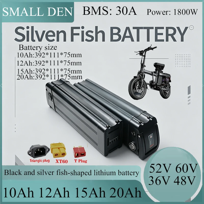 60V 52V 48V 36V 10Ah 12Ah 15Ah 20Ah Silver Fish Ebike Battery  High Capacity 18650 Pack for 1000W-1800W Electric Bicycle