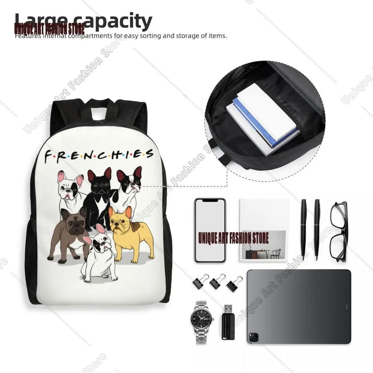 Zaino personalizzato Bulldog francese Uomo Donna Bookbag di base per borse per cani da compagnia per animali Frenchie della scuola universitaria