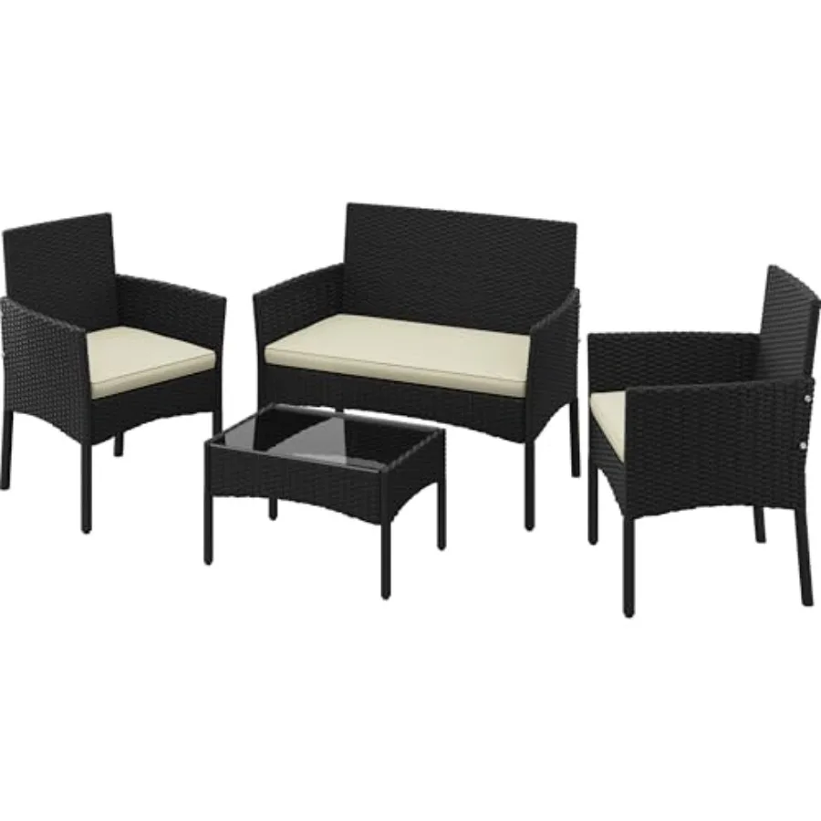 Patio Furniture Set 4 Pieces Conversation Sets, Rattan Chair Wicker Set Loveseat with Soft Cushion and Glass Table for Backyard