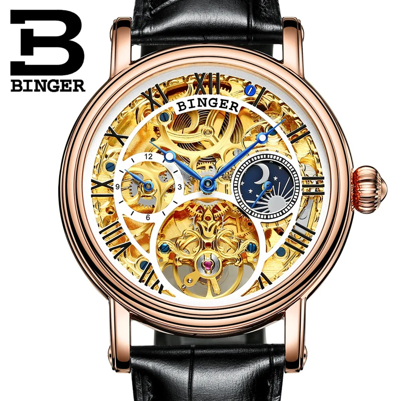 Switzerland BINGER For Mens Business Skeleton Automatic Wristwatch Sapphire Crystal Mechanical Hollow Out Dial Relogio Masculino