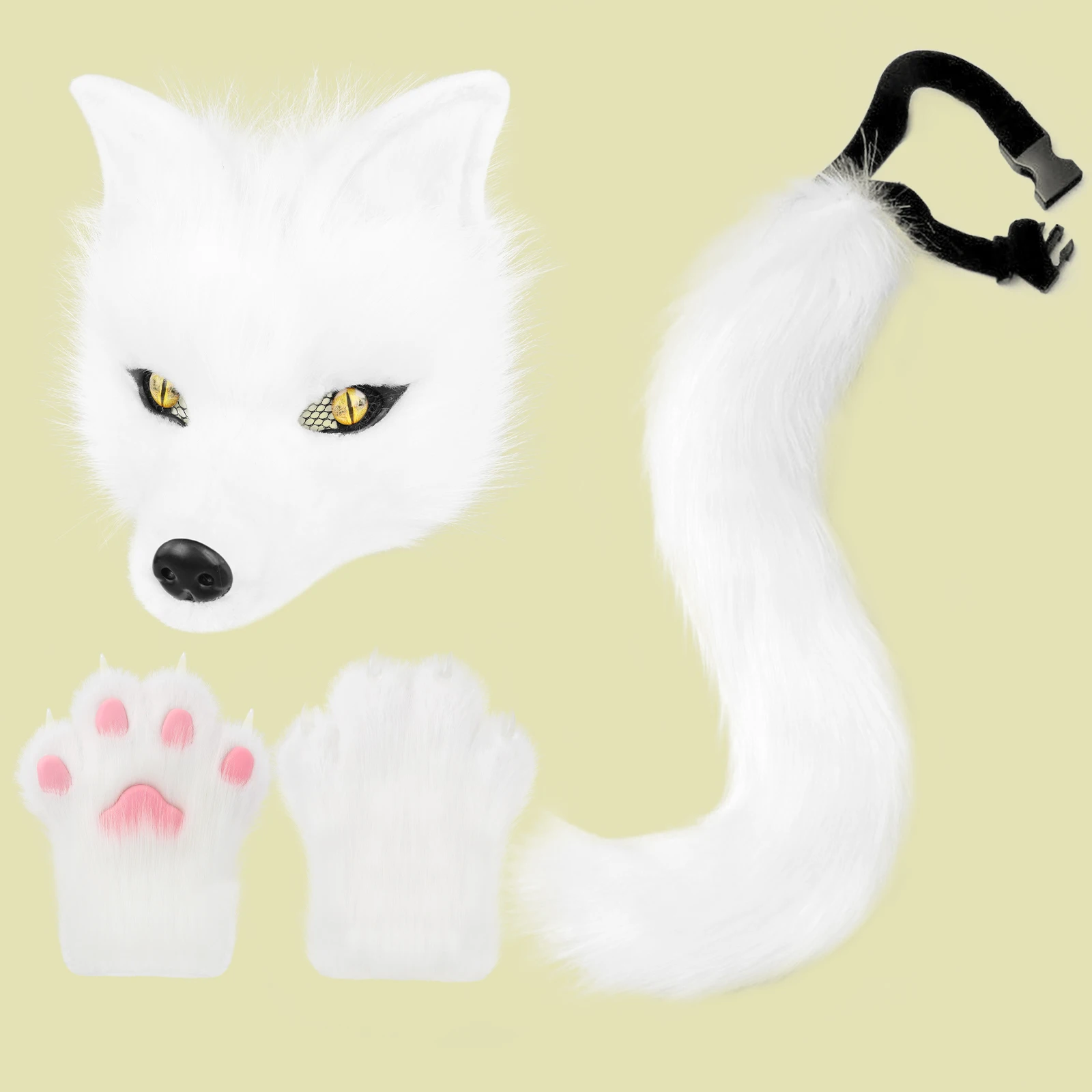 Plush Faux Fur Therian Dog Wolf Mask Paw Gloves Fox Tail Set Halloween Cosplay Costume Accessories