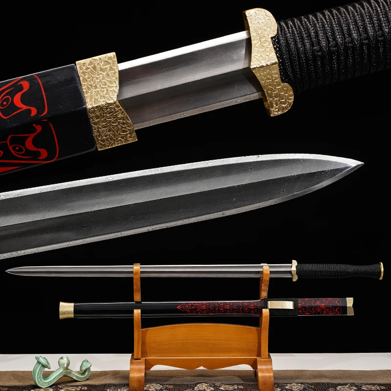 Tradition Han Jian Sword Folded Steel Damascus Blade Ready Training Real Full Tang Samurai Swords Raw Lacquer Scabbrad Katanas
