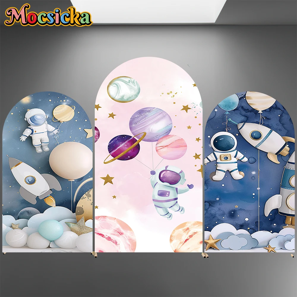 

Mocsicka Space Arch Backdrop Covers Elastic Double-Faced Birthday Arched Backgrounds Astronaut Rocket Balloons Party Decor Props
