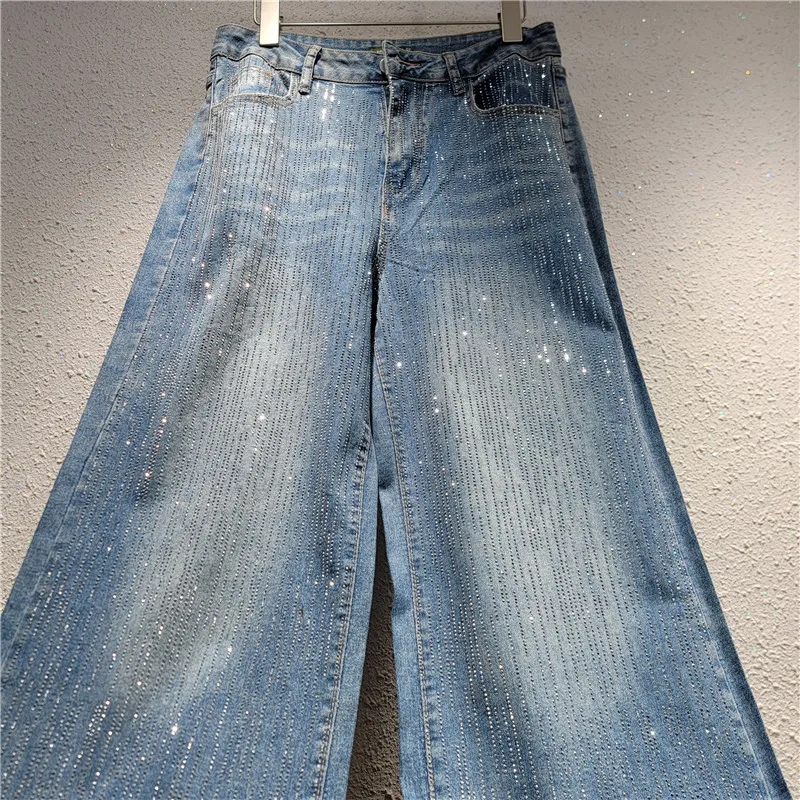 Blingbling Hot Diamonds Wide Leg Jeans for Women 2026 New Autumn All-match High Waist Mopping Floor Straight Casual Denim Pants